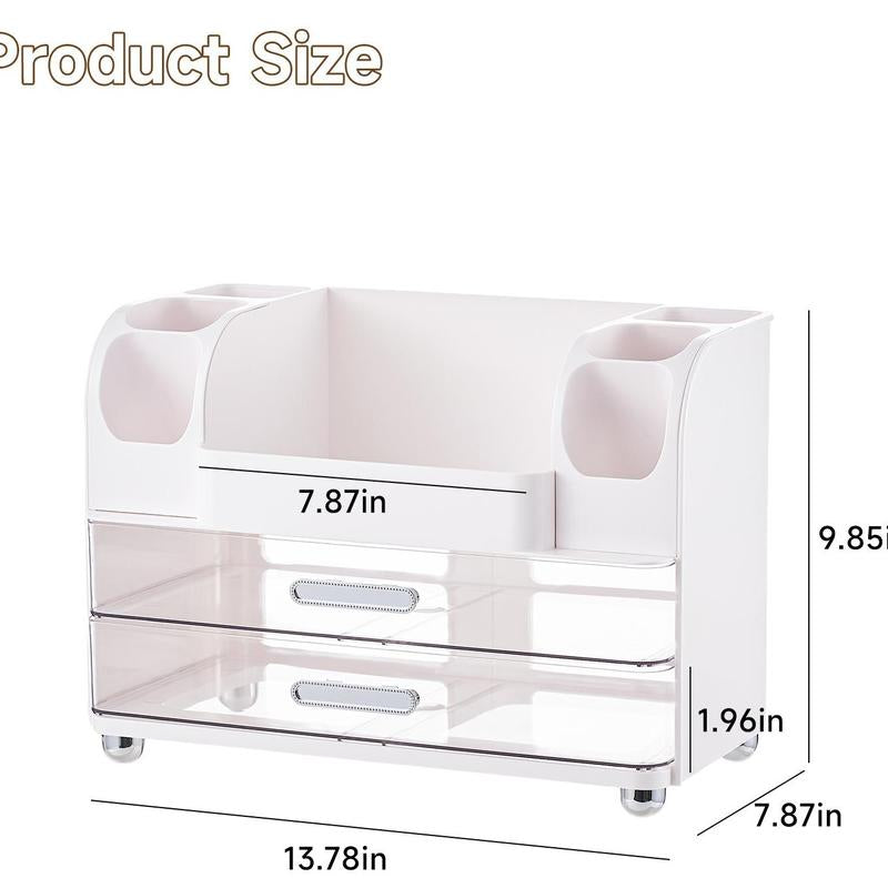 Makeup Organizer for Vanity with 2 Large Drawers,Cosmetic Display Case with Brush Holders, Easy to Storage for Bathroom Countertop Skincare,Desk Office Supplies,Gift, Pink, Jewelry Organizer