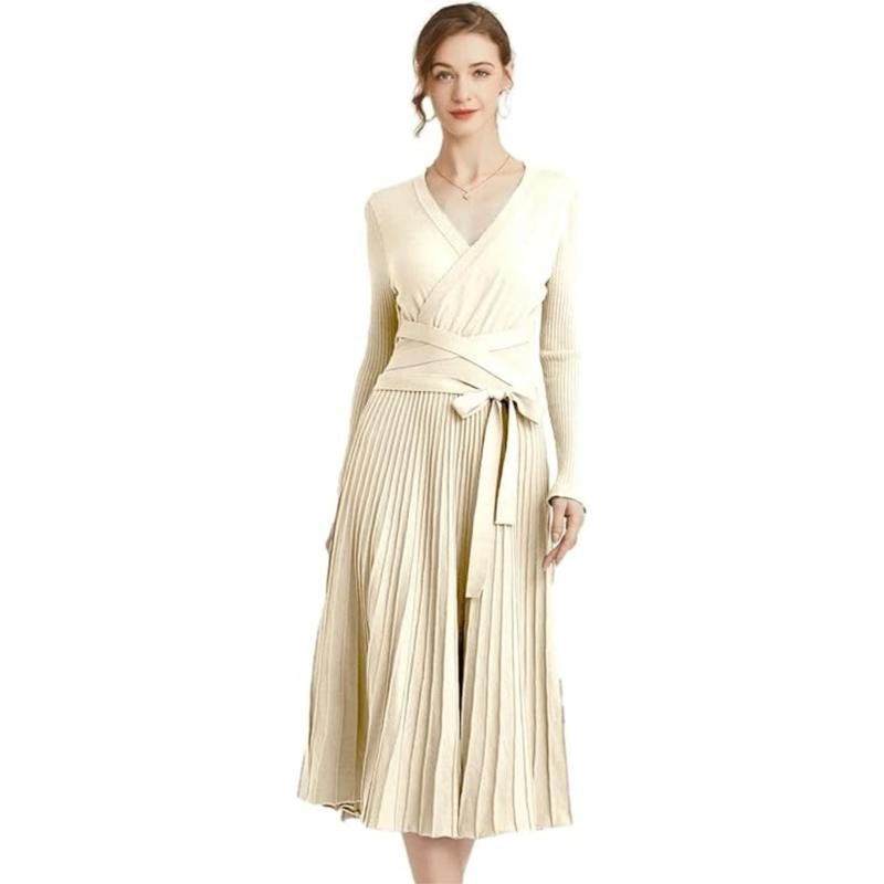 Ranrui Aline Sweater Dress Red Winter Long Sleeve Fit and Flare Knit Dress with V Neck Pleated Design High Waist Bow Tie Belt Casual Womenswear for Formal & Casual Occasions
