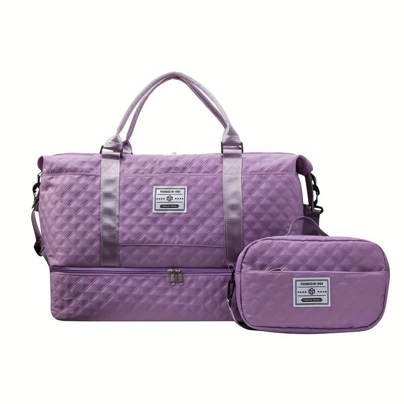 Oein 2Pcs Large Capacity Travel Duffel Bag Set, Lightweight Diamond Pattern Zipper Duffel Bag with Ladies Cosmetic Zipper Shoulder Bag