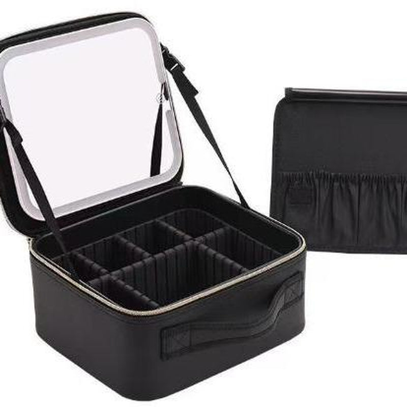 Smart LED Makeup Bag with Mirror & Lights — Waterproof Train Case with Adjustable Dividers, Portable Cosmetic Organizer for Brushes & Travel, Detachable Compartments