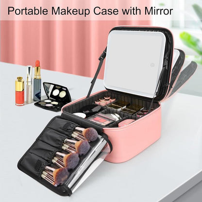 Smart LED Makeup Bag with Mirror & Lights — Waterproof Train Case with Adjustable Dividers, Portable Cosmetic Organizer for Brushes & Travel, Detachable Compartments