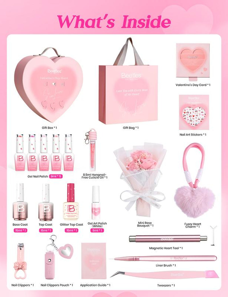 Beetles Gel Polish so in Love Collection - Glow in Love Valentine Gel Nail Polish Set, Pink Gel Nail Art Set with Base Top Coat Mini Rose Bouquet, Salon DIY at Home Valentine'S Day Gift for Women Wife Girlfriend