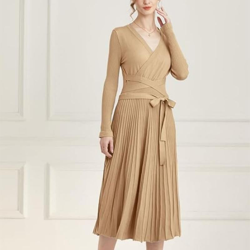 Ranrui Aline Sweater Dress Red Winter Long Sleeve Fit and Flare Knit Dress with V Neck Pleated Design High Waist Bow Tie Belt Casual Womenswear for Formal & Casual Occasions