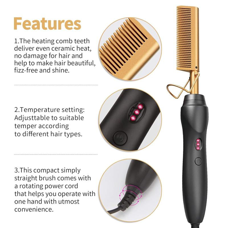 Ceramic Electric Hot Comb Hair Straightener & Pressing Comb for Natural Black Hair Beard & Wigs PTC Heating 3 Gear Temperature 30 Sec Fast Heat Perfect Holiday Gift