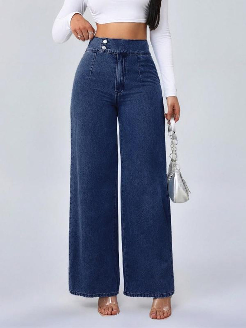 Women'S Vintage Elegant High Waist Wide Leg Jeans, Elastic Waist, Button Front, Casual Fashion, Comfortable Design, All Seasons