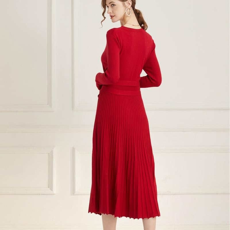 Ranrui Aline Sweater Dress Red Winter Long Sleeve Fit and Flare Knit Dress with V Neck Pleated Design High Waist Bow Tie Belt Casual Womenswear for Formal & Casual Occasions