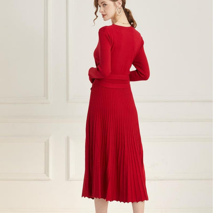 Ranrui Aline Sweater Dress Red Winter Long Sleeve Fit and Flare Knit Dress with V Neck Pleated Design High Waist Bow Tie Belt Casual Womenswear for Formal & Casual Occasions