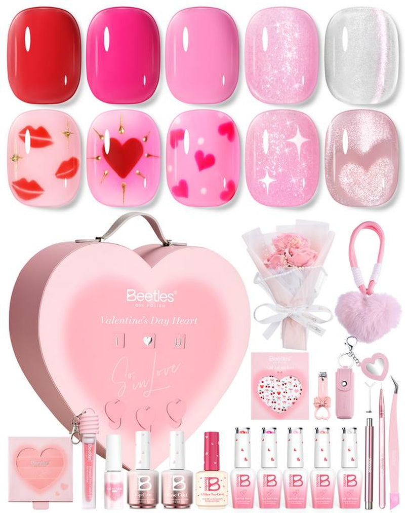 Beetles Gel Polish so in Love Collection - Glow in Love Valentine Gel Nail Polish Set, Pink Gel Nail Art Set with Base Top Coat Mini Rose Bouquet, Salon DIY at Home Valentine'S Day Gift for Women Wife Girlfriend