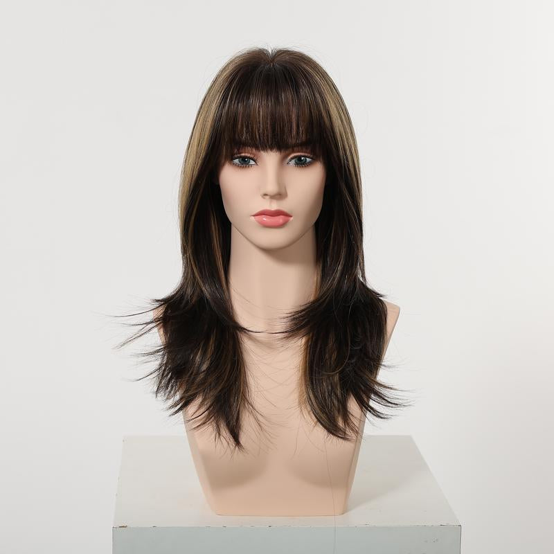 Solana C-DWY New Technology! Bionic Silk Top 20-Inch Long Wave Light Brown Glueless Synthetic Wig with Bangs for Women High-Quality Premium Fiber Easy Wear Comfortable Fit