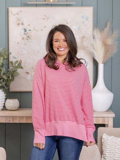Stripe Side Slits Drop Shoulder Loose Fit Hoodie W/ Thumbhole | S-XL
