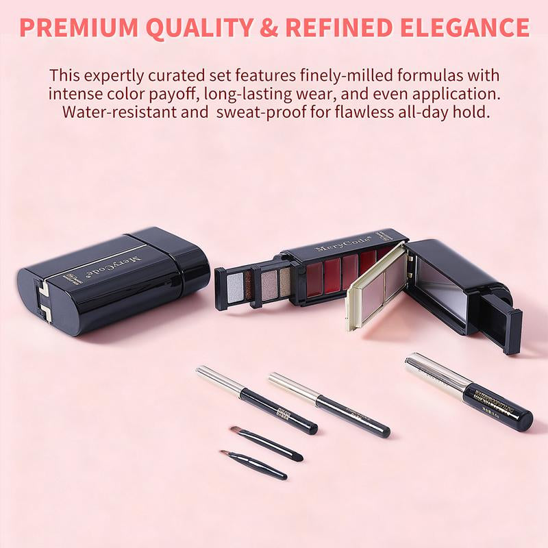 Merycode All-In-One Makeup Set Kit - Compact Travel Beauty Box with 10 Eyeshadows 5 Lipsticks 2 Blushes Eyeliner Brow Pencil Mascara & Brushes Waterproof Berry Daily Cosmetic Flawless