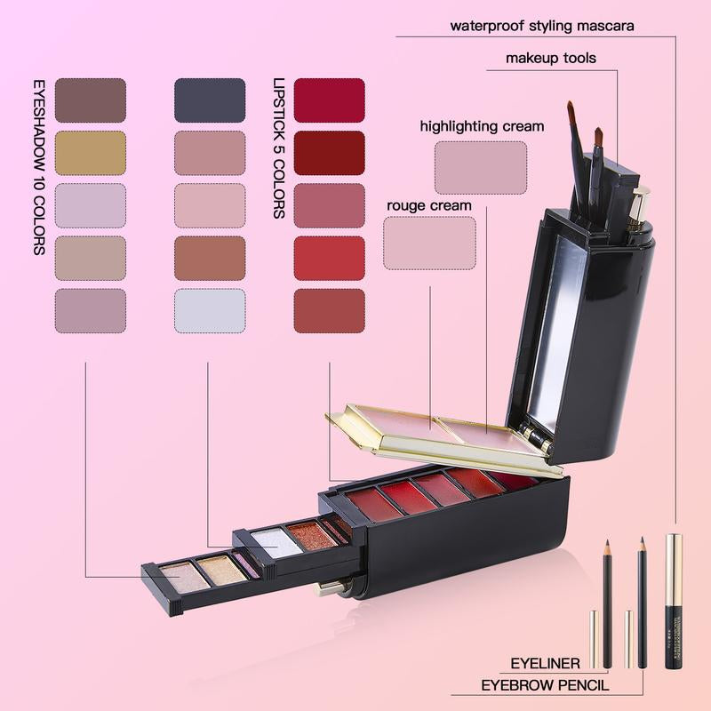 Merycode All-In-One Makeup Set Kit - Compact Travel Beauty Box with 10 Eyeshadows 5 Lipsticks 2 Blushes Eyeliner Brow Pencil Mascara & Brushes Waterproof Berry Daily Cosmetic Flawless