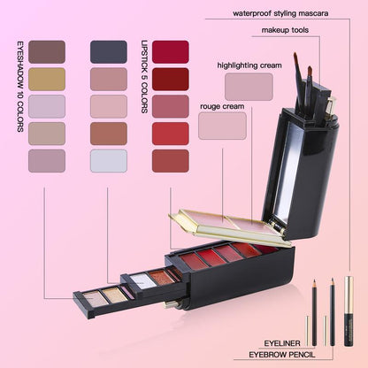 Merycode All-In-One Makeup Set Kit - Compact Travel Beauty Box with 10 Eyeshadows 5 Lipsticks 2 Blushes Eyeliner Brow Pencil Mascara & Brushes Waterproof Berry Daily Cosmetic Flawless