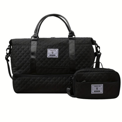 Oein 2Pcs Large Capacity Travel Duffel Bag Set, Lightweight Diamond Pattern Zipper Duffel Bag with Ladies Cosmetic Zipper Shoulder Bag