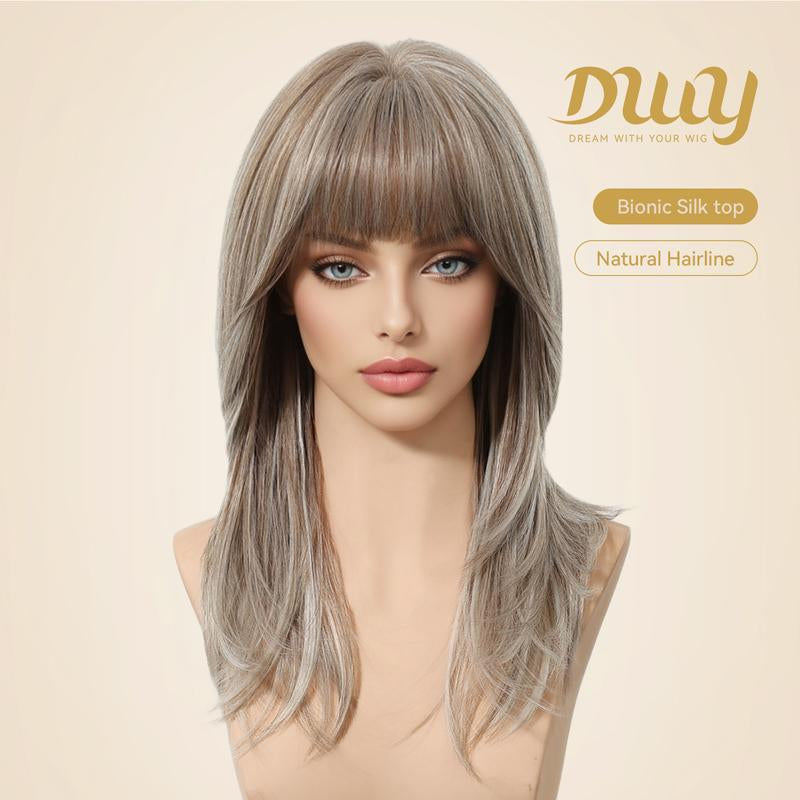 Solana C-DWY New Technology! Bionic Silk Top 20-Inch Long Wave Light Brown Glueless Synthetic Wig with Bangs for Women High-Quality Premium Fiber Easy Wear Comfortable Fit