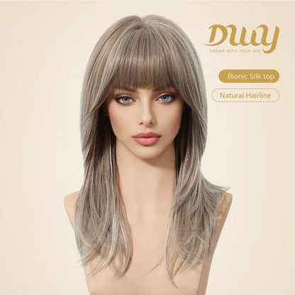 Solana C-DWY New Technology! Bionic Silk Top 20-Inch Long Wave Light Brown Glueless Synthetic Wig with Bangs for Women High-Quality Premium Fiber Easy Wear Comfortable Fit