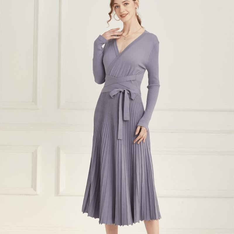 Ranrui Aline Sweater Dress Red Winter Long Sleeve Fit and Flare Knit Dress with V Neck Pleated Design High Waist Bow Tie Belt Casual Womenswear for Formal & Casual Occasions