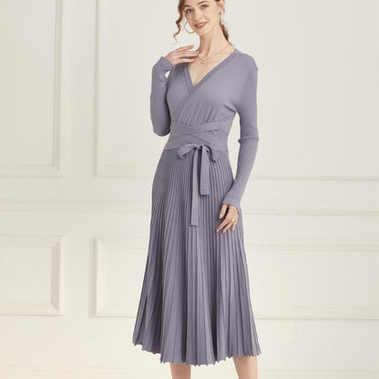 Ranrui Aline Sweater Dress Red Winter Long Sleeve Fit and Flare Knit Dress with V Neck Pleated Design High Waist Bow Tie Belt Casual Womenswear for Formal & Casual Occasions