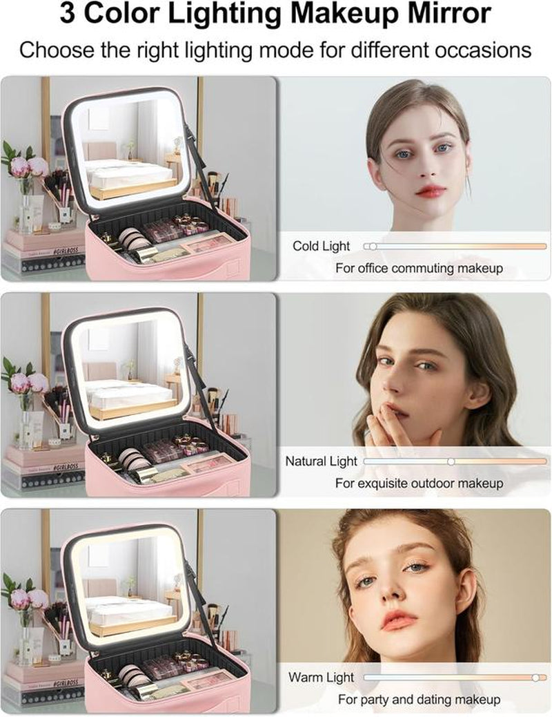 Smart LED Makeup Bag with Mirror & Lights — Waterproof Train Case with Adjustable Dividers, Portable Cosmetic Organizer for Brushes & Travel, Detachable Compartments