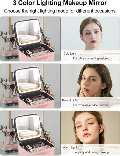 Smart LED Makeup Bag with Mirror & Lights — Waterproof Train Case with Adjustable Dividers, Portable Cosmetic Organizer for Brushes & Travel, Detachable Compartments