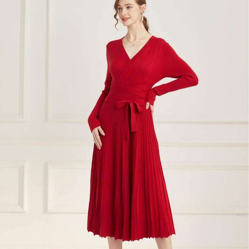 Ranrui Aline Sweater Dress Red Winter Long Sleeve Fit and Flare Knit Dress with V Neck Pleated Design High Waist Bow Tie Belt Casual Womenswear for Formal & Casual Occasions