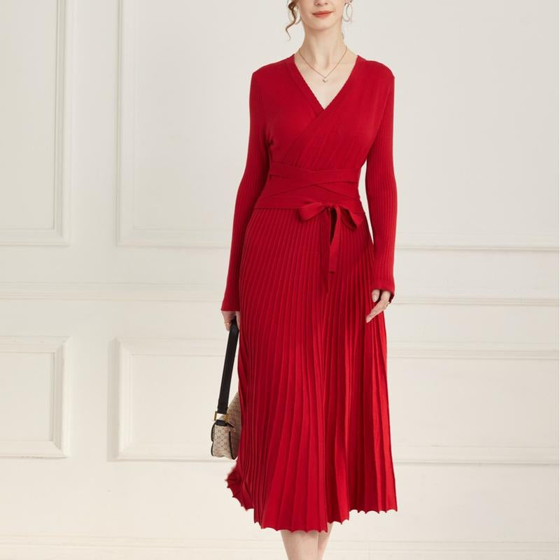 Ranrui Aline Sweater Dress Red Winter Long Sleeve Fit and Flare Knit Dress with V Neck Pleated Design High Waist Bow Tie Belt Casual Womenswear for Formal & Casual Occasions