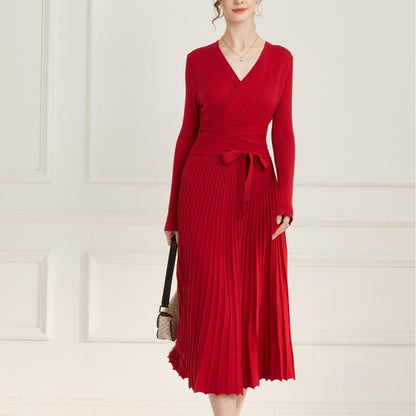 Ranrui Aline Sweater Dress Red Winter Long Sleeve Fit and Flare Knit Dress with V Neck Pleated Design High Waist Bow Tie Belt Casual Womenswear for Formal & Casual Occasions