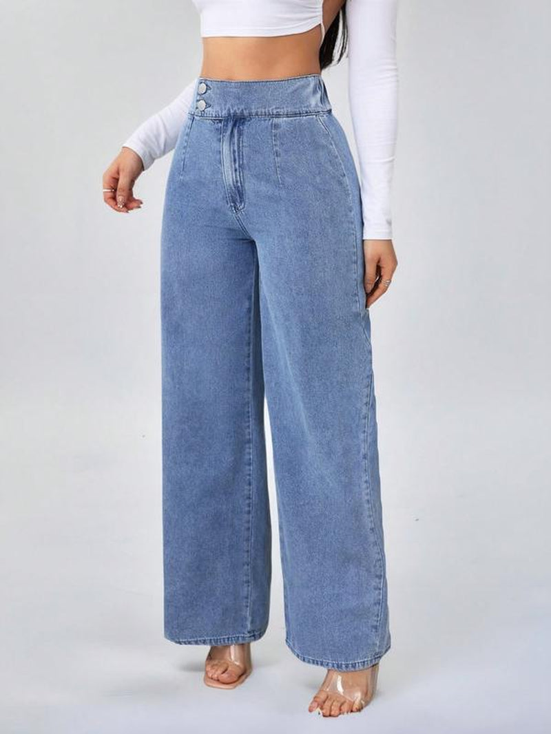 Women'S Vintage Elegant High Waist Wide Leg Jeans, Elastic Waist, Button Front, Casual Fashion, Comfortable Design, All Seasons