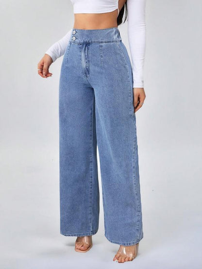 Women'S Vintage Elegant High Waist Wide Leg Jeans, Elastic Waist, Button Front, Casual Fashion, Comfortable Design, All Seasons