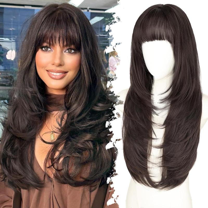 Long Wig with Bangs for Women, Layered Hairstyle Synthetic Heat Resistant for Daily Party Use 26 Inch
