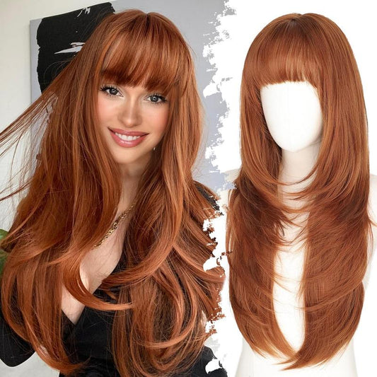 Long Wig with Bangs for Women, Layered Hairstyle Synthetic Heat Resistant for Daily Party Use 26 Inch