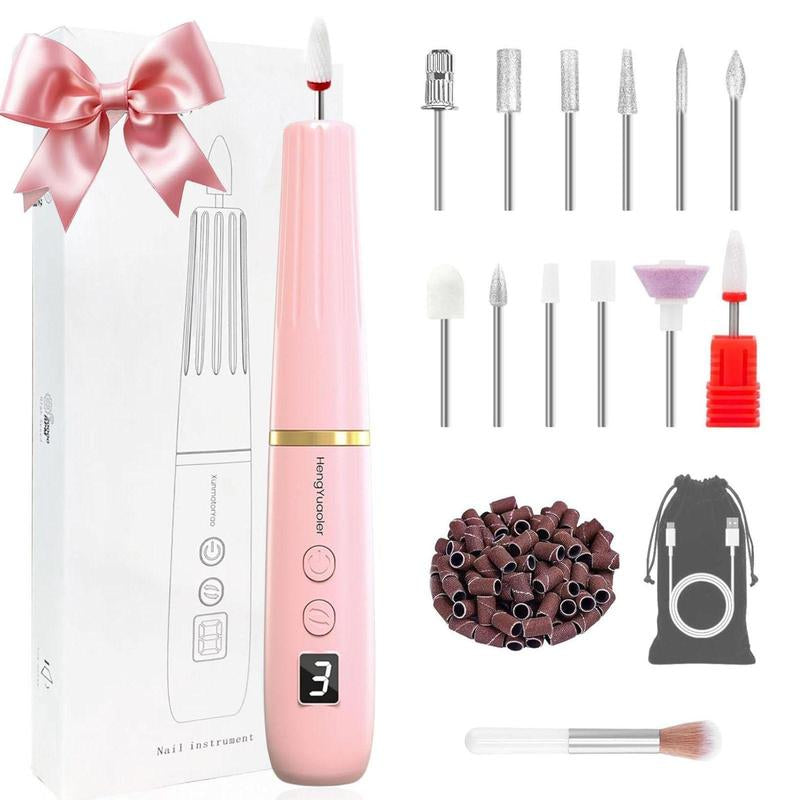 Hengyuaoler Electric Nail Drill & File - Portable Nail Machine Kit for Acrylic Gel & Dip Powder Nails Manicure Pedicure Polishing Set with 12 Bits & Sanding Bands Matte Pink