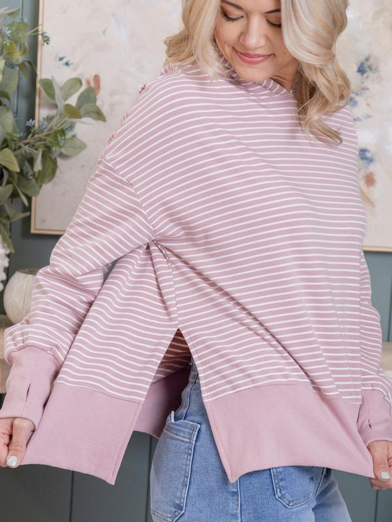 Stripe Side Slits Drop Shoulder Loose Fit Hoodie W/ Thumbhole | S-XL