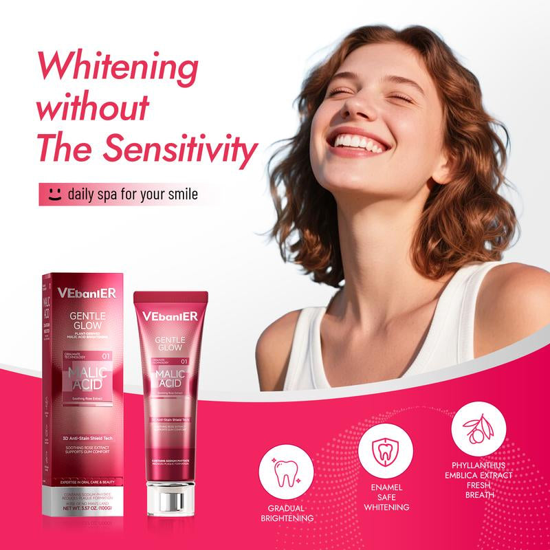 Vebanler Fruit Acid Toothpaste Gentle Whitening Fights Plaque Freshens Breath Fluoride Free Oralcare Rose Flavor