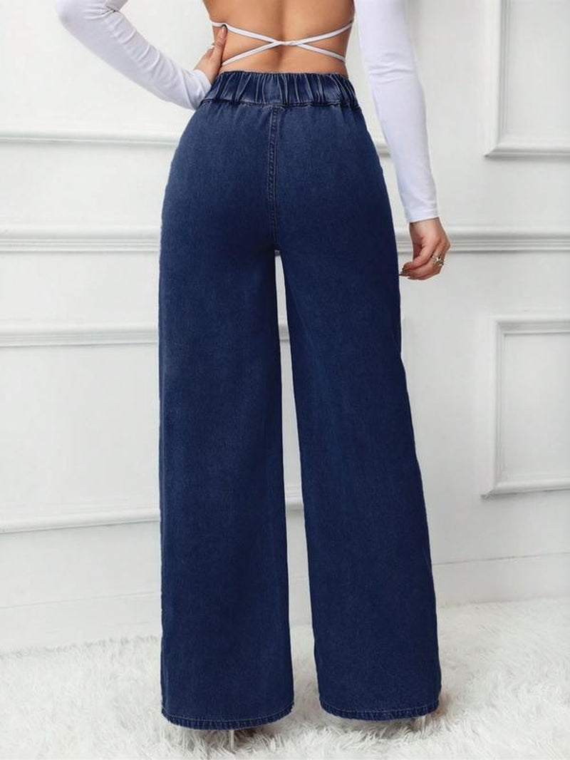 Women'S Vintage Elegant High Waist Wide Leg Jeans, Elastic Waist, Button Front, Casual Fashion, Comfortable Design, All Seasons