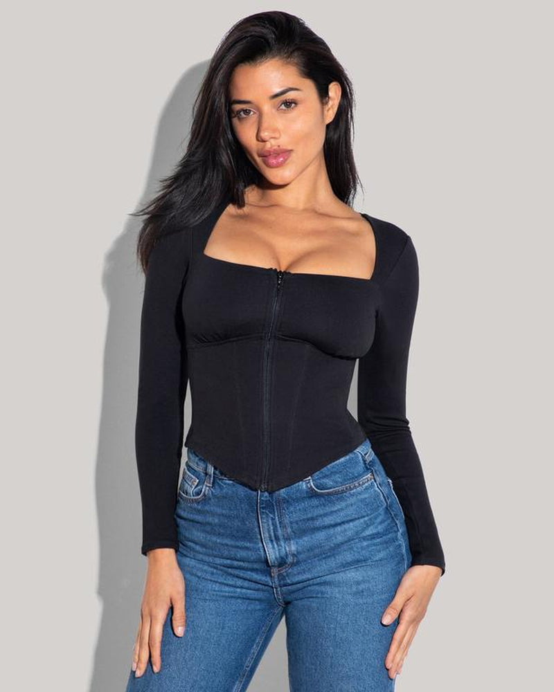 Corsety Square Neck Long Sleeve Top - Black Women Longsleeves
