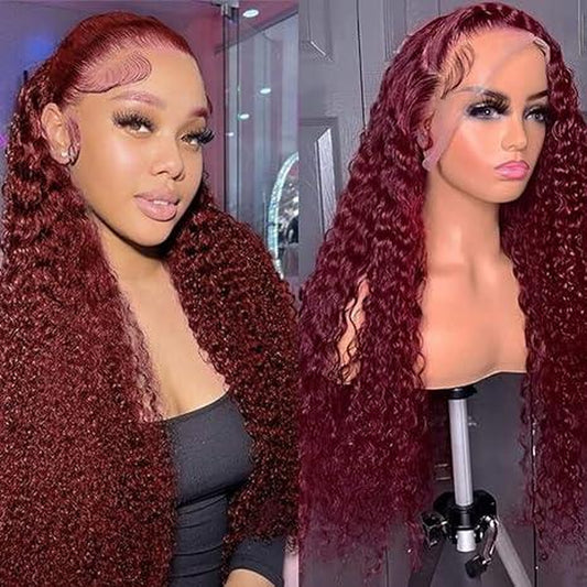 Burgundy Deep Wave Lace Front Wigs Human Hair 180% Density 99J Burgundy Frontal Wigs Human Hair 13X6 Red Human Hair Lace Front Wig for Fashion Black Women