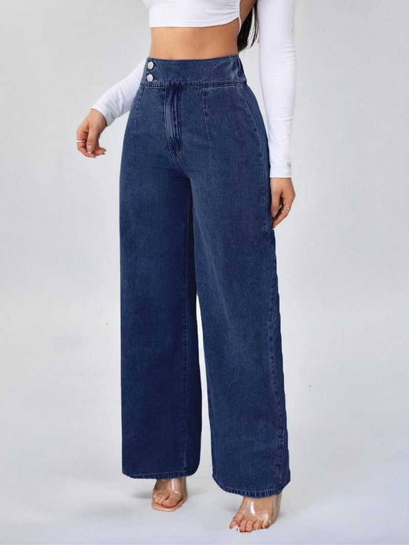 Women'S Vintage Elegant High Waist Wide Leg Jeans, Elastic Waist, Button Front, Casual Fashion, Comfortable Design, All Seasons