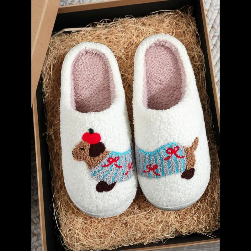 Women'S Cartoon Dog Print Plush Slippers, 1 Pair Casual Soft Comfortable Non-Slip Soft Home Slippers, Warm Slippers for Indoor & Outdoor Use for All Seasons