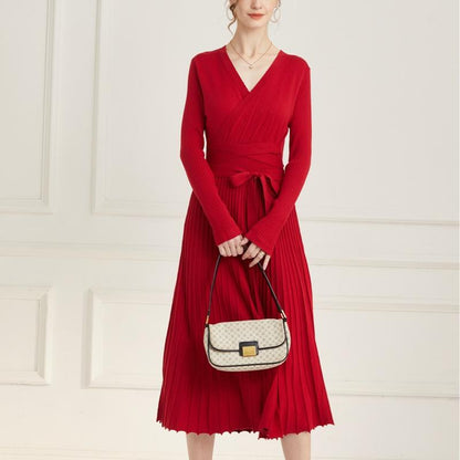 Ranrui Aline Sweater Dress Red Winter Long Sleeve Fit and Flare Knit Dress with V Neck Pleated Design High Waist Bow Tie Belt Casual Womenswear for Formal & Casual Occasions