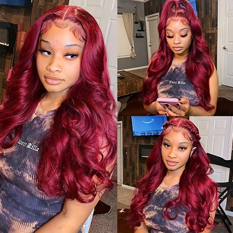 36 Inch 99J Burgundy Wine Red Human Hair Wig with 13X4 HD Transparent Lace Front - 180% Density Body Wave 13X6 Looking Frontal Wig Suitable for Women, Pre Plucked with Baby Hair