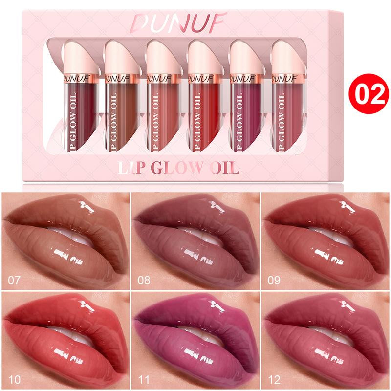 DUNUF MAKEUP 6Pc Glow Reviver Lip Oil Set Long Lasting Hydrating Lip Stain Nourishing Hydrating High-Shine Glimmer Finish Sheer Pink Non-Sticky 12 HR Hydration Candy Coded Lip Oil Gloss Long-Lasting Waterproof Lipgloss Non-Fading Non-Stick Lip Glaze