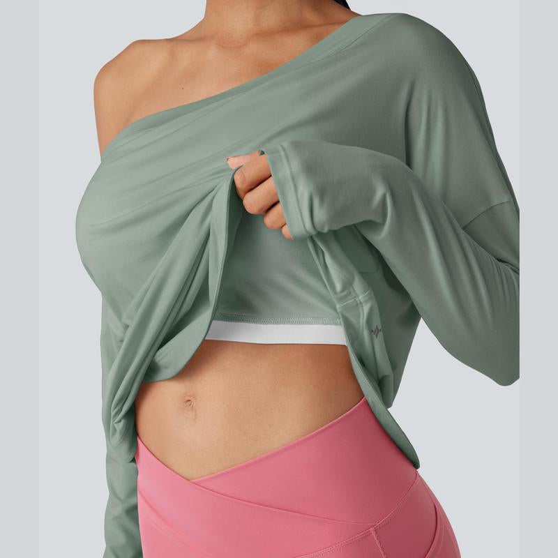 Halara One Shoulder Long Sleeve Thumb Hole Curved Hem High Low Quick Dry Yoga Sports Top-Built-In Bra