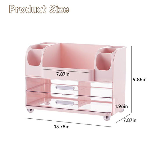 Makeup Organizer for Vanity with 2 Large Drawers,Cosmetic Display Case with Brush Holders, Easy to Storage for Bathroom Countertop Skincare,Desk Office Supplies,Gift, Pink, Jewelry Organizer