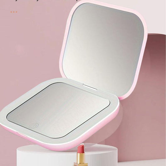 LED Magnifying Mirror Travel Makeup Mirror Compact Convenient Design Folding Type Adjustable Brightness Double Sided USB Charging Type Suitable as a Gift Decor Pink