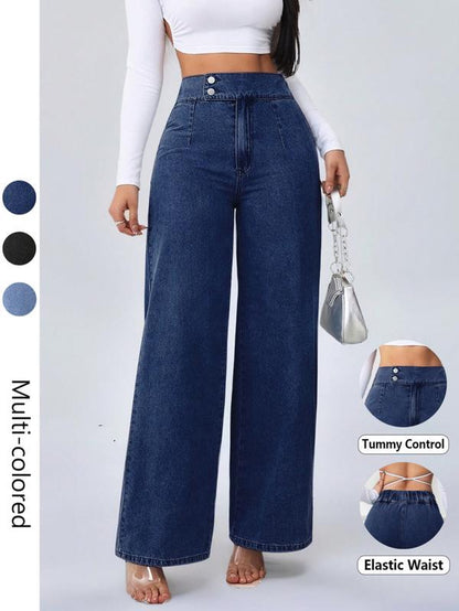 Women'S Vintage Elegant High Waist Wide Leg Jeans, Elastic Waist, Button Front, Casual Fashion, Comfortable Design, All Seasons