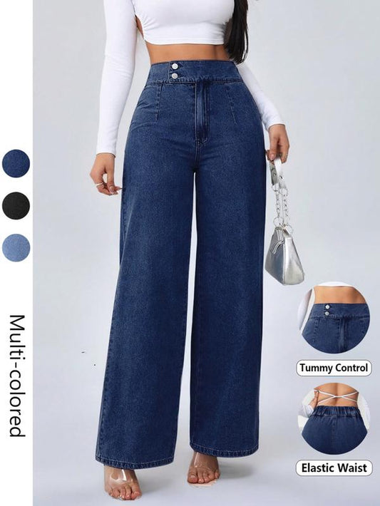 Women'S Vintage Elegant High Waist Wide Leg Jeans, Elastic Waist, Button Front, Casual Fashion, Comfortable Design, All Seasons