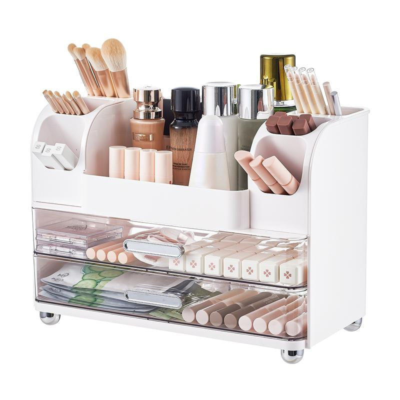 Makeup Organizer for Vanity with 2 Large Drawers,Cosmetic Display Case with Brush Holders, Easy to Storage for Bathroom Countertop Skincare,Desk Office Supplies,Gift, Pink, Jewelry Organizer