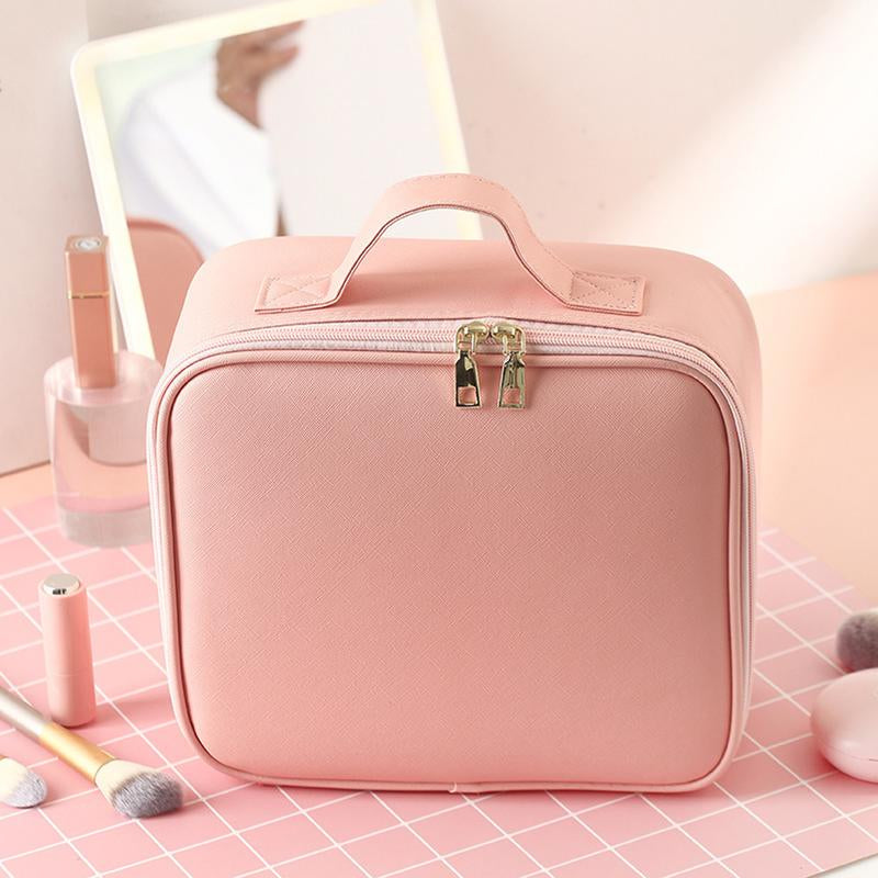 Smart LED Makeup Bag with Mirror & Lights — Waterproof Train Case with Adjustable Dividers, Portable Cosmetic Organizer for Brushes & Travel, Detachable Compartments