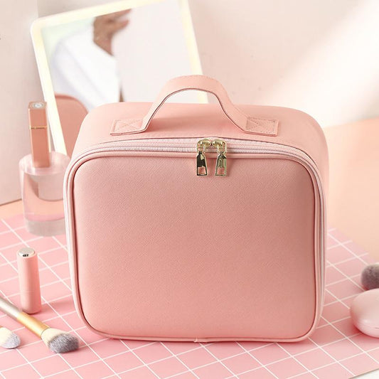 Smart LED Makeup Bag with Mirror & Lights — Waterproof Train Case with Adjustable Dividers, Portable Cosmetic Organizer for Brushes & Travel, Detachable Compartments
